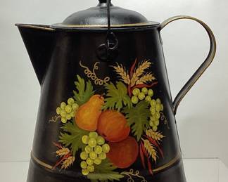 HAND PAINTED TOLEWARE COFFEE POT, SIGNED E. CROWTHER