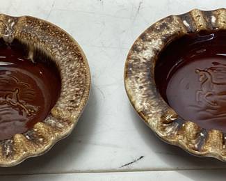 PAIR OF HULL POTTERY BROWN DRIP DEER ASHTRAYS