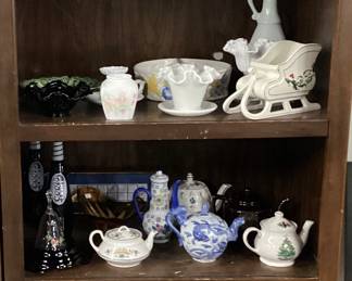 ASSORTED CHINA, TEAPOTS, GLASSWARE, PORCELAIN, WHEATIES CEREAL MICHAEL JORDAN, JOE CAMEL TIN, VTG. MARBLE ASHTRAY & KEEPSAKE BOX