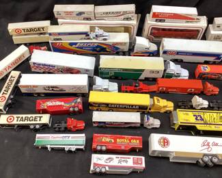 ASSORTED TRANSPORTER HAULER TRUCKS, MATCHBOX, NASCAR,CATERPILLAR, SKITTLES, TARGET, PENZOIL, VALVOLINE