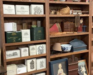 CHOICE CABINET LOT, CHARLES DICKENCHRISTMAS VILLAGE, ASSORTED HOME DECOR, BASKETS, ART, SMALL WOODEN KEEPSAKE WALL