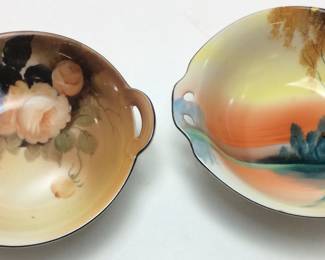 (2) HAND PAINTED NORITAKE M MORIMURA DECORATIVE BOWLS, FLORAL & TREE IN MEADOW