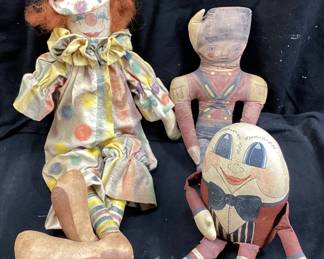 (3) VTG. CLOTH CLOWN & SOLDIER DOLLS, LEATHER HUMPTY DUMPTY