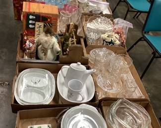  CHOICE OF FLAT ON TABLE, CRYSTAL, PYREX, CORNING WARE, PEWTER AND TINS