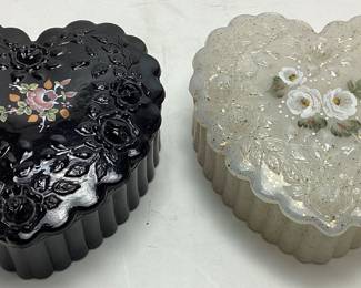 (2) FENTON HEART SHAPED TRINKET BOXES, SIGNED & HAND PAINTED, BLACK ROSE GARDEN, OPALESCENT ROMANCE COLLECTION