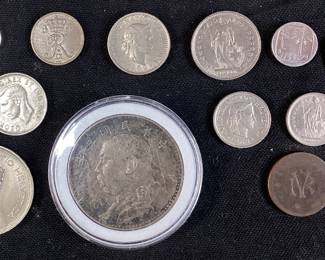 ASSORTED CURRENCY, 1914-21 CHINESE SILVER DOLLAR YUAN SHIKAI, COMMONLY CALLED ‘FAT MAN’ DOLLAR, 80-90% SILVER, 26.6g BRITISH BANK NOTE, SPAIN BANK NOTE, ASSORTED COINS- FRANCE, SWEDEN, SWITZERLAND, AUSTRIA, GREAT BRITAIN