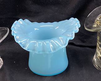 (3) FENTON HAT VASES, 1940-60 CLEAR CUT, 1943 BLUE OVERLAY, 1890s CLEAR GLASS