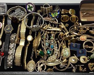 ASSORTED COSTUME JEWELRY, TIE TACKS, CUFFS, WATCHES, NECKLACES