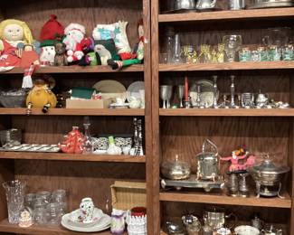 CHOICE OF SHELF, PEWTER, SILVER PLATE, RAG DOLLS, AND COLLECTIBLES