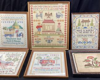 (6) VTG. FRAMED CROSS STITCH NEEDLEPOINT SAMPLERS NO SHIPPING PICKUP ONLY