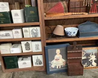 CHOICE CABINET LOT, CHARLES DICKENCHRISTMAS VILLAGE, ASSORTED HOME DECOR, BASKETS, ART, SMALL WOODEN KEEPSAKE WALL
