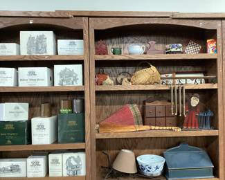 CHOICE CABINET LOT, CHARLES DICKENCHRISTMAS VILLAGE, ASSORTED HOME DECOR, BASKETS, ART, SMALL WOODEN KEEPSAKE WALL