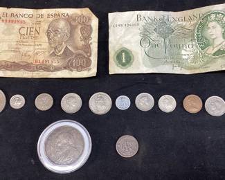 ASSORTED CURRENCY, 1914-21 CHINESE SILVER DOLLAR YUAN SHIKAI, COMMONLY CALLED ‘FAT MAN’ DOLLAR, 80-90% SILVER, 26.6g BRITISH BANK NOTE, SPAIN BANK NOTE, ASSORTED COINS- FRANCE, SWEDEN, SWITZERLAND, AUSTRIA, GREAT BRITAIN