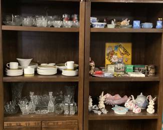 CHOICE SHELF LOT, WEDGEWOOD, VTG. PERFUME BOTTLES, TIN ADVERTISING, DINNERWARE PLATE SET, GLASSWARE, RABBIT FIGURINES