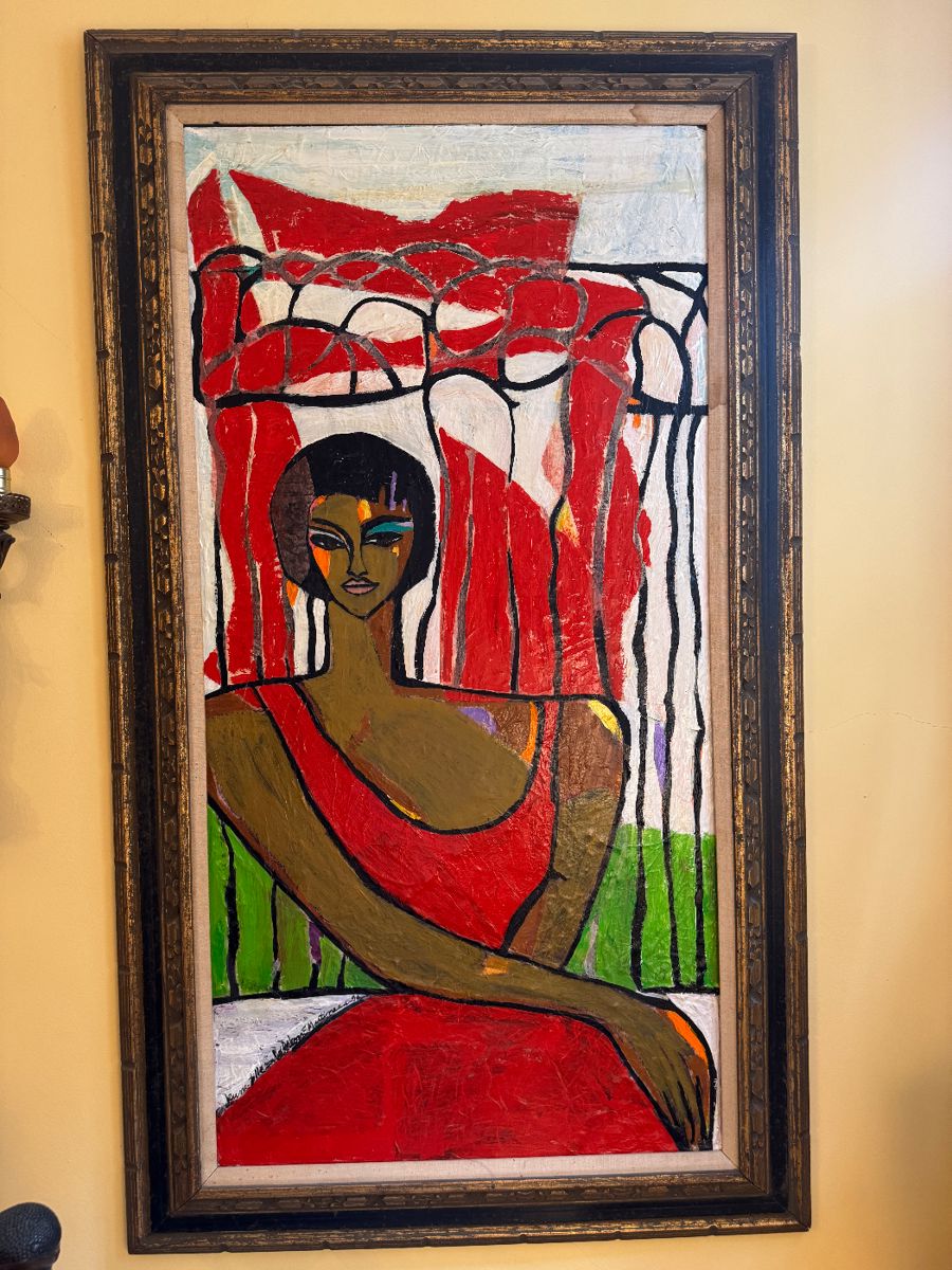 Framed Original Mixed Media on Canvas of Woman in Red Signed Elizabeth Martineau '96 (33"W x 56-1/2"H)