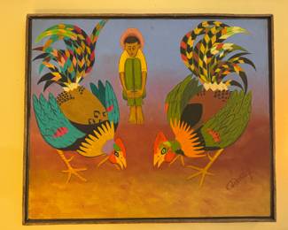 Framed Original Oil on Canvas of Boy with Roosters Signed Jean-Baptiste Bottex (25"W x 21"H)