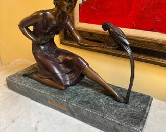 Demetre Chiparus Antique Bronze Marble Statue Girl with Parrot Signed & Numbered