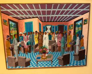 Framed Original Oil on Canvas of Haitian Wedding Signed Lucien Pradel (33"W x 24-1/2"H)