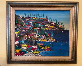 Framed Original Oil on Canvas of Coastline Signed Prefete Duffaut (32"W x 28"H)