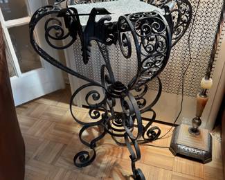 Vintage Hand-made Wrought Iron Colonial Style Granite Top Console Table (26"W x 26"D x 33"H)