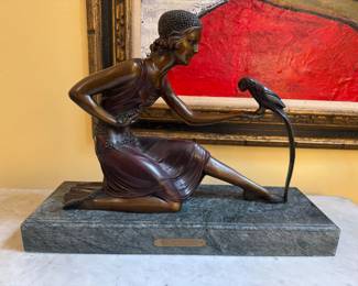 Demetre Chiparus Antique Bronze Marble Statue Girl with Parrot Signed & Numbered