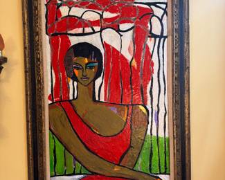 Framed Original Mixed Media on Canvas of Woman in Red Signed Elizabeth Martineau '96 (33"W x 56-1/2"H)