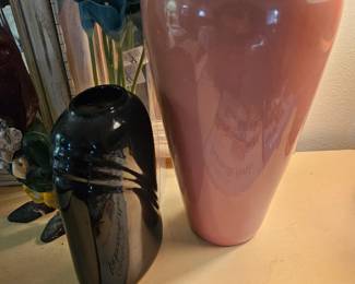 Vintage vases 
Black one $15 
tall pink one $15
They both have their manufacturer stickers on the bottom