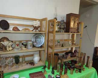 Carved wood items, Oil  lamps, vintage glass Stems