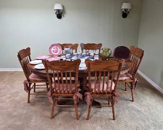 Vintage French country solid oak dining set with table and chairs