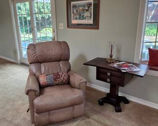 Vintage Empire drop leaf two drawer table, La-Z-Boy leather reclining chair