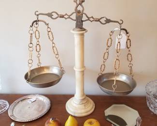 Mid-century alabaster and brass buffet scale. Stone painted fruit. 