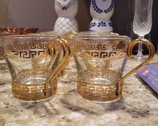 Vintage Continental Gold Etched Coffee Mugs, set of 8. 