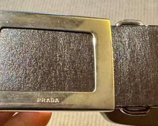 Prada Black Leather Belt with Rectangular Silver Buckle