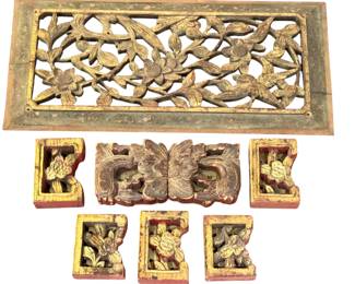 Collection of 6 Antique Hand-Carved Gilt Wood Architectural Fragments

This collection features 6 antique hand-carved wooden architectural fragments, each adorned with intricate floral and foliate designs and finished in rich gilt and red tones. The set includes one larger rectangular openwork panel and five smaller fragments with unique carved floral motifs.