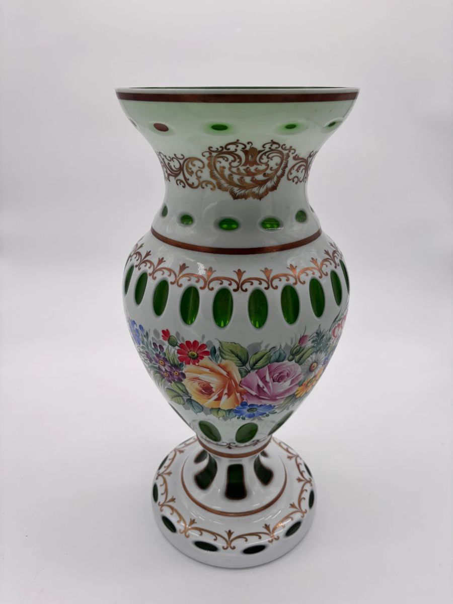 Bohemian hand-painted Baluster Vase Cut to Green