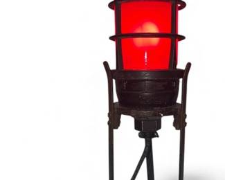 Early 20th C Industrial Cage Light, Red Glass
