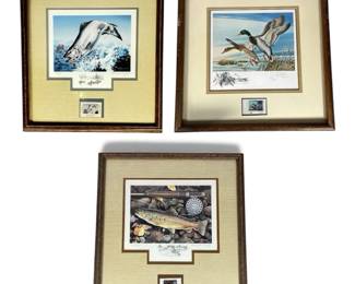 Three Vintage Hunting and Fishing Stamp Prints, LARRY CORY,

