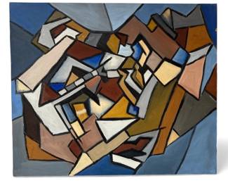 Mid Century Abstract Cubist Oil Painting, Blue

