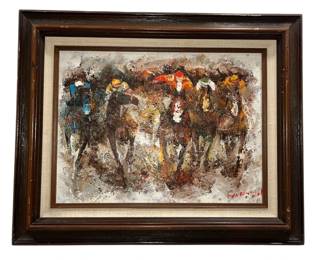 Mid Century Equestrian Horse Racing Oil Painting, BARTON
