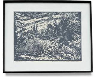 DAVID ZAK Linocut, Landscape with Olive Trees, Jerusalem

