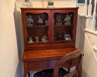 Antique writing desk and Staffordshire figures