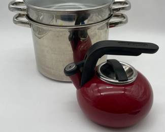 61 LargeStainlessSteelSteamerPotandRedKitchenaidTeaKettle