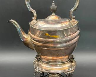 26 SilverPlateTippingTeapotwithBurnerStandandKey