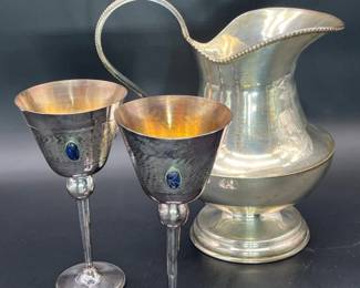 30 SpanishSilverplateWineGlassesandPitcher