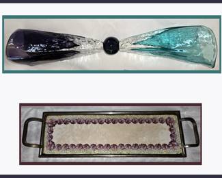 Large Modernist Glass Sculpture and Antique French Ceramic and Metal Tray