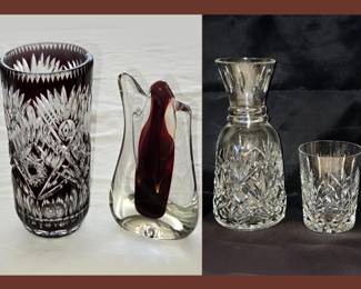 Cut to Clear Vase, Free Form Glass Sculpture and Waterford Carafe and Glass