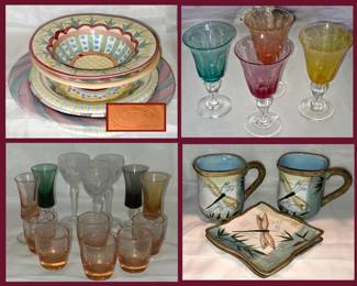 Victoria and Richard MacKenzie Childs Bowls and Plates, Colorful Glassware and Pretty Dragonfly Cups and Plates 