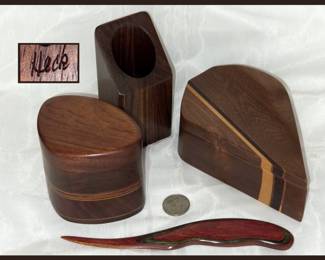 Wooden Boxes; one on left Signed Heck, Pen Holder and Letter Opener