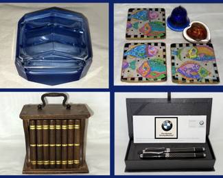 Art Deco Blue Glass Box, Fishy Coasters and Vintage Cork Coasters and BMW Pen Set in Case 