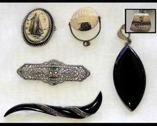 Scrimshaw Pin, Scrimshaw Basket Pendant,  Bar Pins and Mexican Sterling Pendant